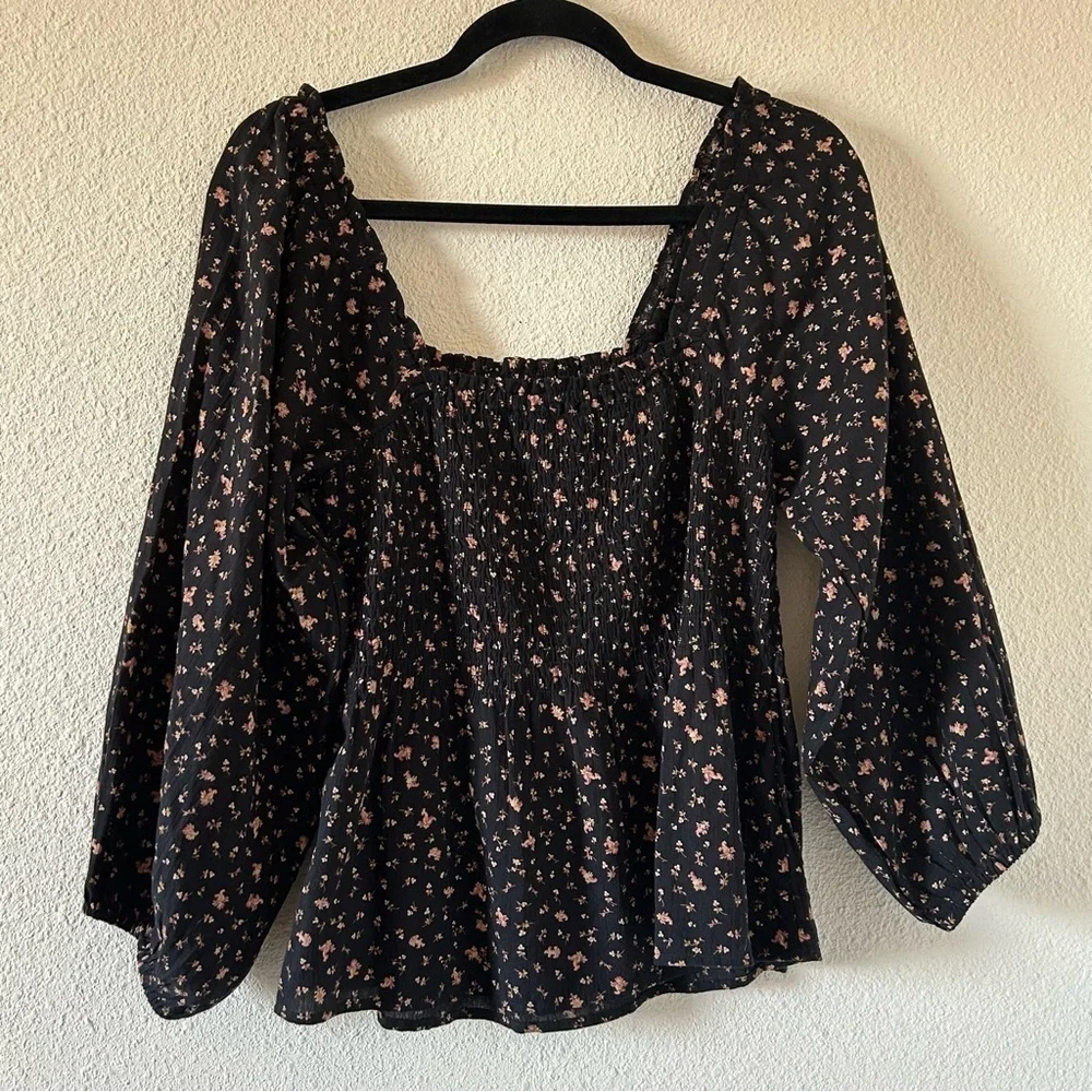 Madewell Women’s Peasant Smock Blouse Sz 4 Black Dixie Floral Print Cottage Core